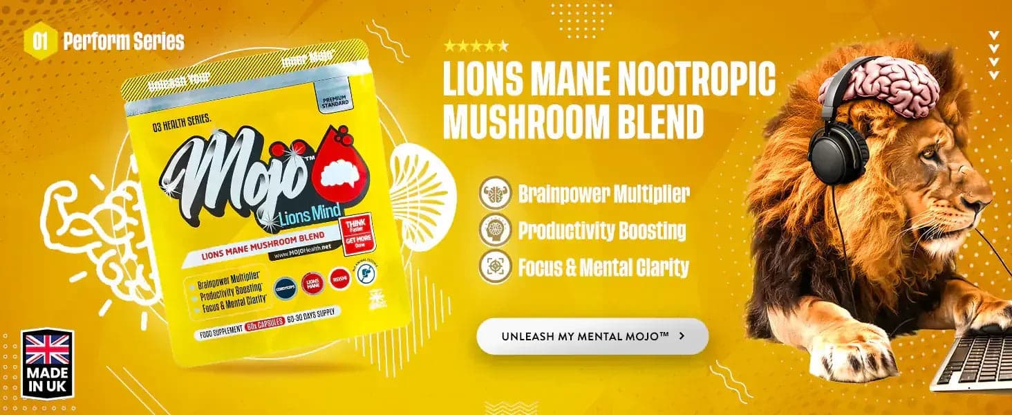 MOJO™ Health Lions Mind — смесь ноотропных грибов львиная грива: усилитель мозговой силы, повышение производительности, ясность ума и фокуса. Раскройте мой ментальный потенциал.